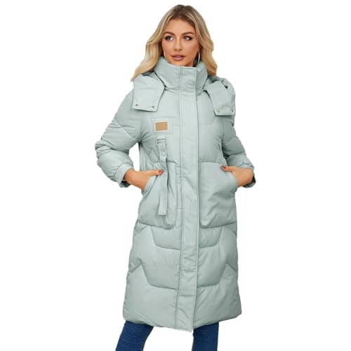 Image of aromm Women's Long Winter Puffer Coat Hooded Zip Up Warm Padded Jacket Green with Pocket, L