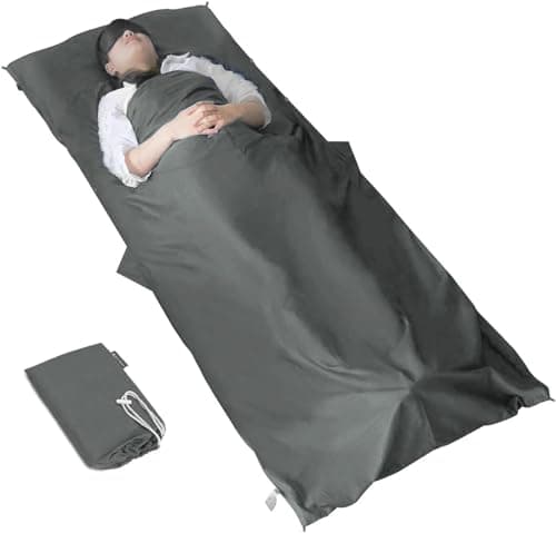 Image of MYCARBON Travel Sleeping Bag Liner, 100% Cotton Super Soft 220 x 90cm Travel Sheet Portable Lightweight for Camping Bed Bag, Hostels, Coaches, Picnic, Trains with Pillow Pockets