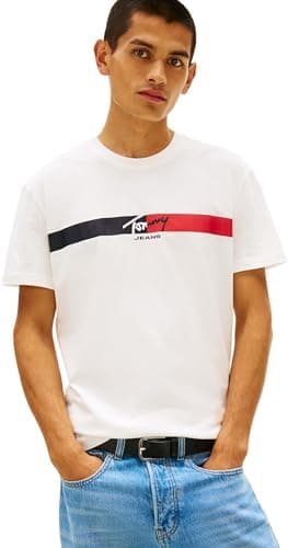 Image of Tommy Jeans Men's TJM Reg Signature Stripe T Ext DM0DM22539 S/S T-Shirt, White (Ecru), XL