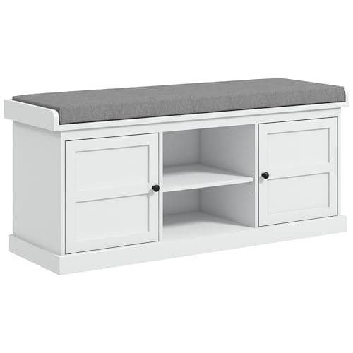 Image of HOMCOM Shoe Bench with Seat, Shoe Storage Bench with Cushion, 2 Cabinets and Adjustable Shelf for Entryway, Hallway, Living Room, Bedroom, White