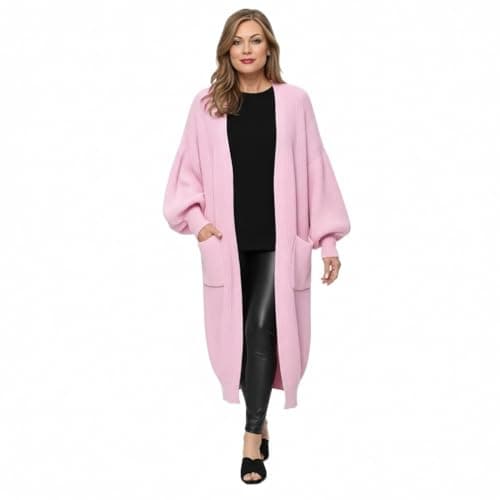 Image of HUBIBUBI Ladies Oversized Long Cardigan Balloon Sleeve Chunky Ribbed Open Knitted Maxi Jumper Ladies Maxi Knitted Puff Sleeve 2 Pocket Cardigan Boyfriend Sweater Top UK Size 8-22 Baby Pink