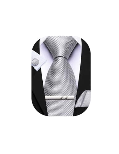 Image of Barry.Wang Silver Tie Mens Grey Ties Silk Necktie Pocket Square Cufflinks Set Formal Wedding