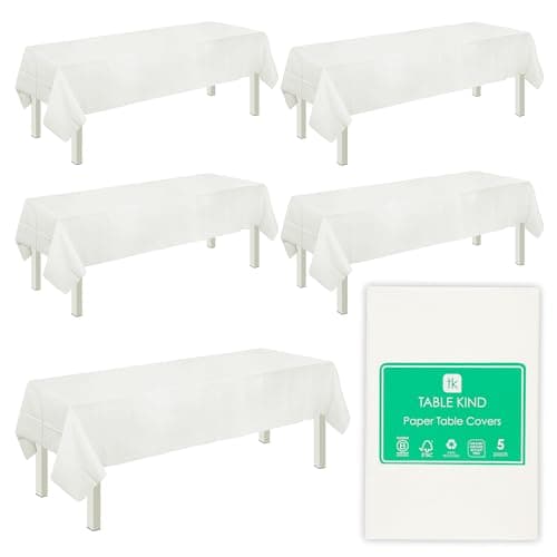 Image of Table Kind 5 x White Disposable Paper Table Covers, Plain White Tablecloths for Birthday Parties 180cm x 120cm, Ideal for Businesses, Weddings, Café, Schools & Catering Events Recyclable Table Cover