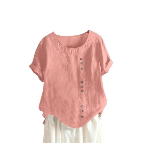 Image of Cotton Shirts for Women Vintage Solid Color Short Sleeve Cotton Shirts Casual Oversized Round Neck Blouse (Pink,S)