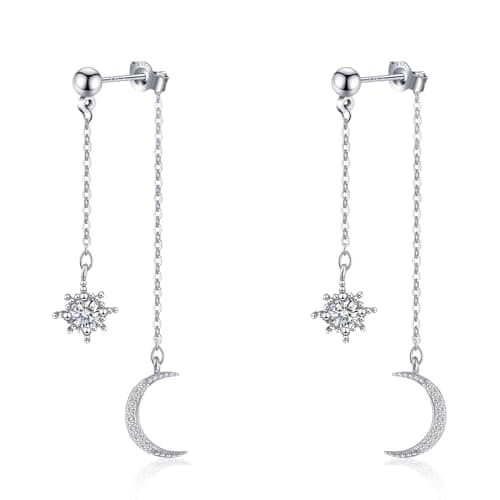 Image of Weviway Sterling Silver Moon and Star Drop Earrings,14K Gold Plated, CZ Crystal Chain Dangle, Celestial Wedding Jewellery