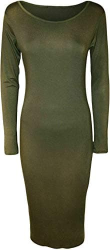 Image of asfashion online Womens Long Sleeve Plain Bodycon Midi Dress Ladies Jersey Summer Midi Dress (Khaki UK 16-18)