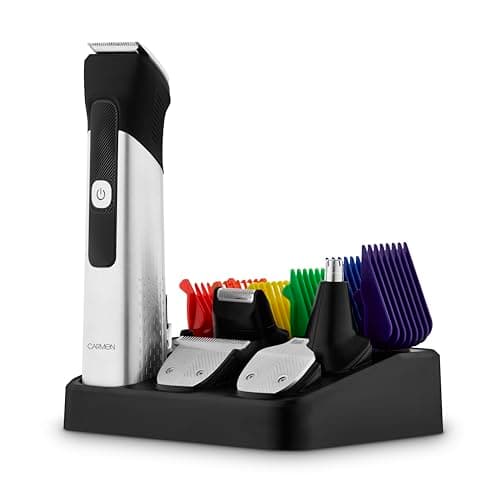 Image of Carmen Men’s Signature 5-in-1 Hair Trimmer with 6 Coloured Lock Fit Combs, LED Display, Cordless Operation, Silver and Black, C81276