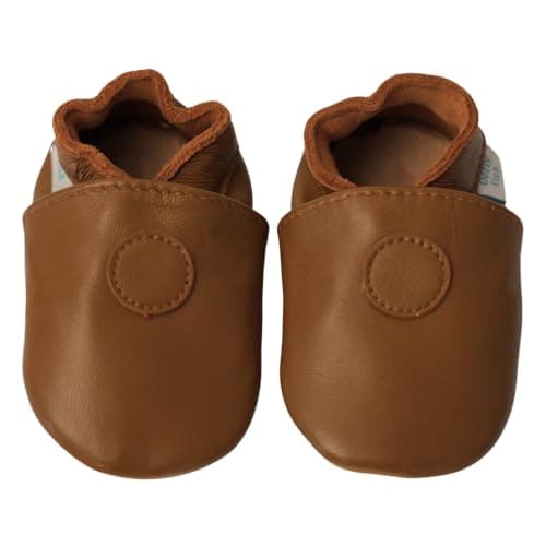 Image of Dotty Fish Soft Sole Leather Baby & Toddler Shoes – Barefoot, Non-Slip, Lightweight & Flexible, Elasticated Ankles - Unisex Boys & Girls, Podiatry Approved - Plain Tan 6-12 Months