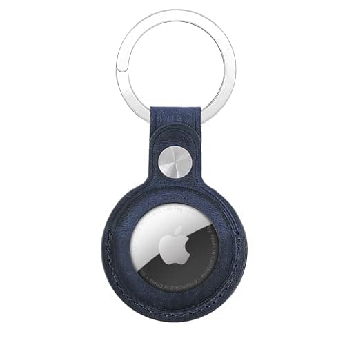 Image of Genuine Leather AirTag Keyring Holder for Apple AirTags. Anti-Lost, Scratch-Resistant Secure Key Ring Case for Key, Dog/Cat Collar, Luggage, Bag. Protective Keychain for Air Tag Cover Accessory (Blue)