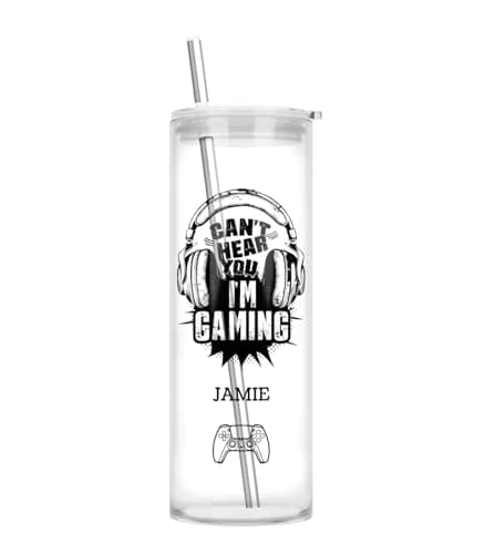 Image of Personalised Gamer Tumbler with Lid and Straw, 750ml Clear Glass Tall Highball, Can't Hear You I'm Gaming Design with Controller Graphics