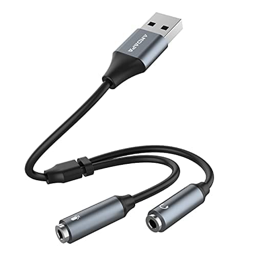 Image of ANDAPA USB Headset Adapter, USB Audio Adapter Stereo External Sound Card with 3.5mm Headphone and Microphone Jack for Windows Mac Linux PC Laptops Desktops PS5