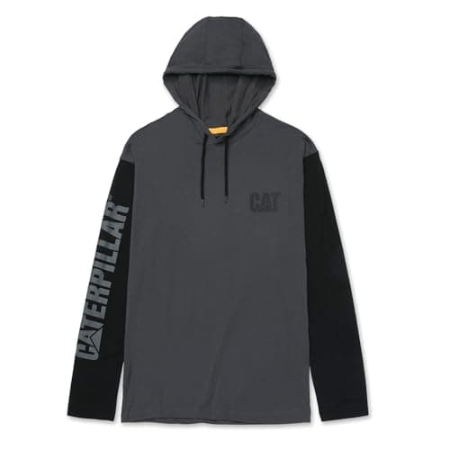 Image of CAT Caterpillar Men's Hooded Banner Long Shirts with UPF 50 Protection, Moisture Control Logo on Sleeve, Dark Shadow - Black, L