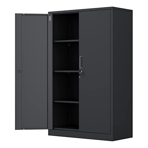 Image of iJINGUR Metal Storage Cabinet with Locking Doors and 3 Adjustable Shelves, Lockable Steel Storage Cupboard for Home Office Garage Pantry (Black)