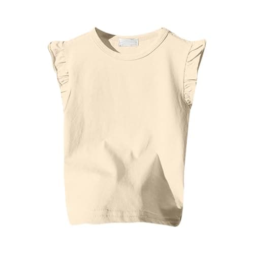 Image of 2026 Girls' Ruffle Sleeve T-Shirt Solid Colour Vest Girls Basic Short Sleeve, beige, 7-8 Years