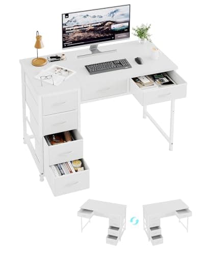 Image of MUTUN 100x48 cm Desk, Small Computer Desk with 6 Fabric Drawers, Reversible Home Office Desk with Adjustable Feet, Work Desks for Office, Study, Vanity Table for Bedroom, White