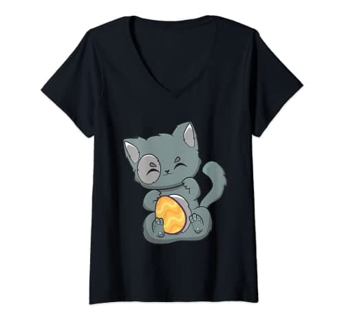 Image of Womens Munchkin Cat With Egg Anime Feline Easter V-Neck T-Shirt