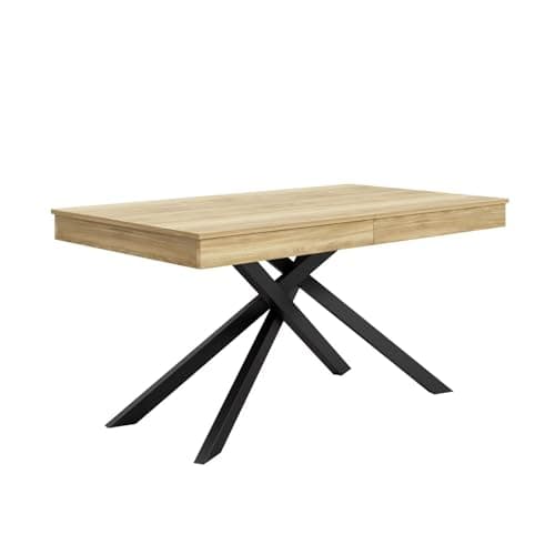 Image of DRIXNO Extendable Dining Table for 6-8 People, 140-180cm Rectangular Kitchen Table with 9.3cm Thick Top, Light Oak Effect & Sturdy Black X-Frame Legs, Modern Industrial Dining Room Furniture