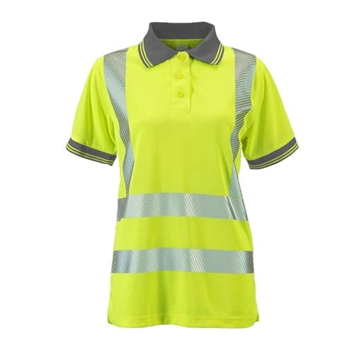 Image of asfashion online Womens Short Sleeve Hi Vis Collared Shirt Ladies Reflective Stripe Work Wear Safety Shirt Top (Yellow UK 12)