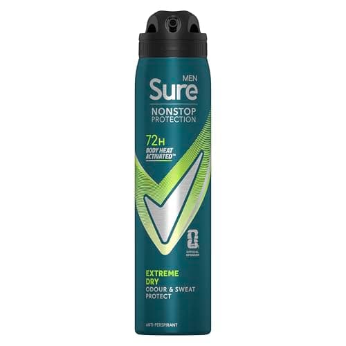Image of Sure Men Nonstop Protection Extreme Dry Anti-Perspirant Aerosol Men's Deodorant Spray with Body Heat Activated technology and a refreshing scent for 72 hour odour and sweat protection 250 ml