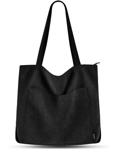Image of Prite Corduroy Tote Bag for Women Large Shoulder Bag with Zipper and Pockets for College School Work Travel Shopping-Black