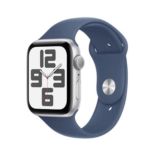 Image of Apple Watch SE (2nd Gen) (GPS, 44MM) Silver Aluminum Case with Blue Denim Sport Band, M/L (Renewed)