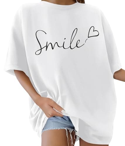 Image of Lonya Women's T-Shirts Round Neck Y2k 90s Oversized T Shirts for Women Ladies Short Sleeve Graphic Print Summer Baggy Plus Size Casual Cotton Tee Tops,Deep White,XXL