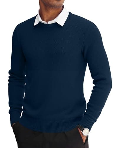 Image of MLANM Men's Ribbing Knit Jumper Crew Neck Casual Long Sleeve Chunky Knit Sweater Mens Basic Knit Crew Neck Slim Fit Comfort Sweater Mock Neck Knitwear Pullover, Navy Blue S