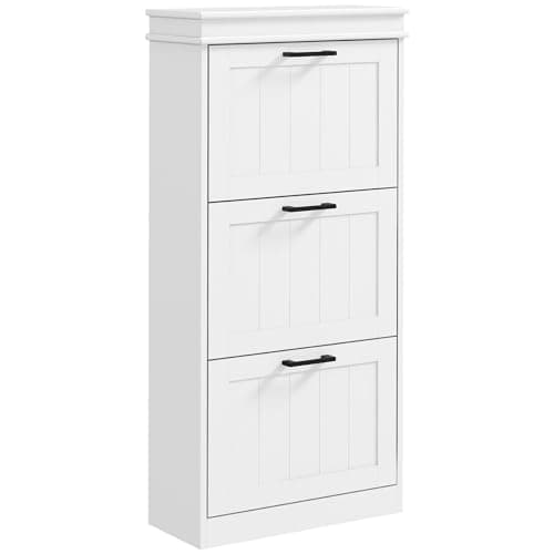Image of HOMCOM 3 Drawers Entryway Shoe Cabinet, Narrow Shoe Storage Cabinet with 3 Flip Drawers and Adjustable Shelves for 15 Pairs of Shoes, White