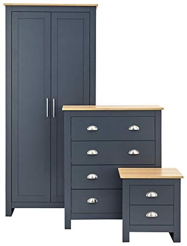 Image of GFW Lancaster 3 Piece Bedroom Set Slate Blue Bedside Cabinet Chest Of Drawers Wardrobe