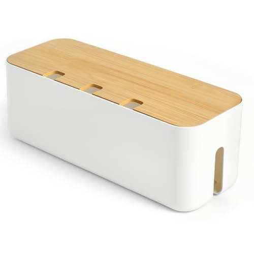 Image of Osrioal Cable Tidy Box, Large Cable Management Box, Cable Organiser Box with Bamboo Lid, Reusable 8 pcs Straps for Hiding Messy Cables Wire Management 14.2"x 5.1"x 5.1"（White）