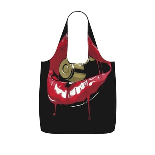 Image of Red Lips Bullet Metal Foldable Reusable Shopping Bag Packable Shopper Lightweight Printed Travel Tote