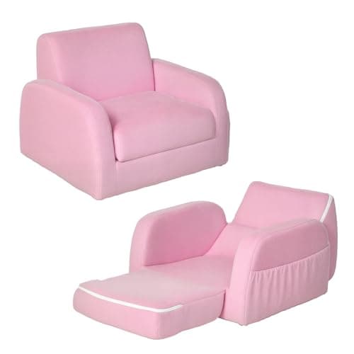 Image of HOMCOM Children's Armchairs Kids Toddler Sofa Chair 2 in 1 Sofa Bed Folding Couch Soft Flannel Sponge Playroom Bedroom Living Room Pink