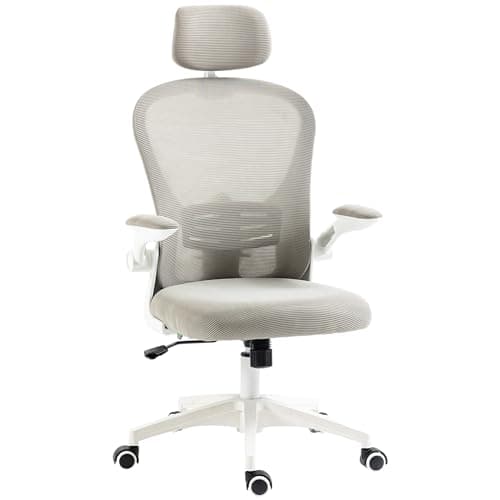 Image of Vinsetto High Back Office Chair, Mesh Computer Desk Chair with Rotatable Headrest, 4D Lumbar Support, Flip-up Arm, Adjustable Height, Grey