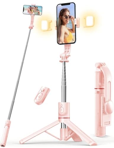 Image of Selfie Stick Tripod for iPhone with Lights, Mobile Phone Tripod Stand with Remote Compatible with iPhone 15/14/13/12/11 Pro/Max/Plus, Samsung, Huawei, Xiaomi(Pink)