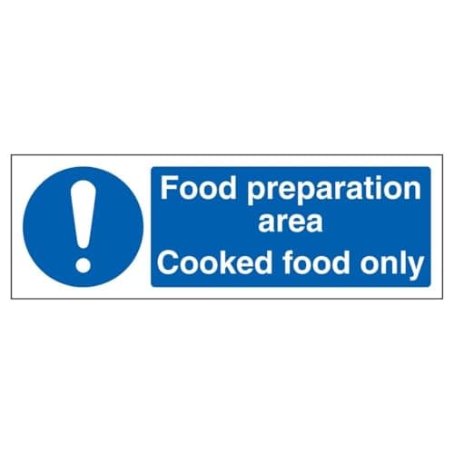 Image of V Safety Food Preparation Area - Cooked Food Only - Landscape 300 x 100 mm - 2mm Super-Tough Rigid Plastic Safety Sign