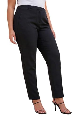 Image of Roman Curve Women Straight Smart Trousers - Ladies Autumn Everyday Winter Holiday Zip & Hook Soft Front Pocket Comfy Tapered Fit Pants Belt Loop Essential Bottoms - Plus Plain Black - Size 20