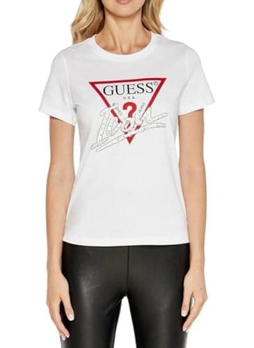 Image of Guess Women's T-Shirt with Sequins, White, W4YI32 I3Z14 G011 (FR/ES, Letters, S, Regular, Regular, White), White, S