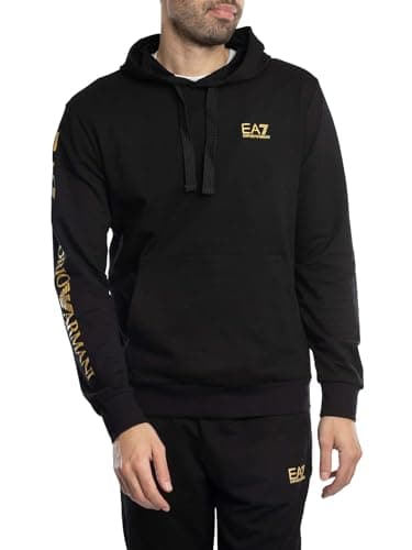 Image of EA7 Men's Chest Logo Pullover Hoodie, Black/Gold, M