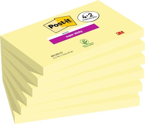 Image of Post-it Super Sticky Notes, Double The Sticking Power, 4 + 2 Free Pads, 540 Sheets, 76 mm x 127 mm, Canary Yellow - Self-Sticking Notes for Walls, Monitors and Fridge
