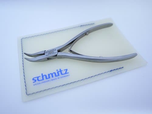 Image of Snipe Nose Pliers 4.3/4'' | schmitz 4214FP00-RF | Short, Bent and crosswise Serrated Jaws | INOX - Stainless Steel | Box Joint for Professionals | Made in Germany - Solingen