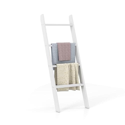 Image of COSTWAY Wooden Blanket Ladder, 4-Tier Towel Ladder Shelf, Wall Leaning Blanket Towel Rack Holder Decorative Storage Shelving Unit for Bathroom Living Room (White)
