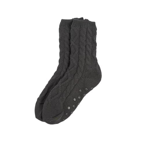 Image of OHS Charcoal Grey Slipper Socks Men Cable Knit, Soft Winter Warm Slipper Socks with Grippers Non Slip Thermal Bed Sock with Fluffy Lining Gifts for Men Women, One Size