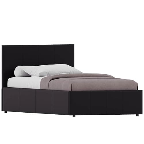 Image of Vida Designs Lisbon Single Bed, 3Ft Ottoman Bed Frame Upholstered Faux Leather Headboard Low Foot End Bedroom Furniture, Black (UKFR Certified)