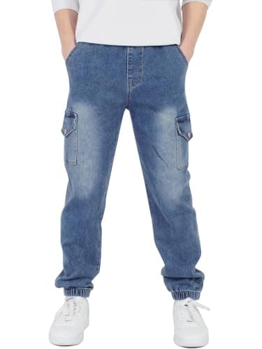 Image of CAMLAKEE Boys Trousers Cargo Pants Kids School Jogging Bottoms Casual Streewear with Elastic Cuffs Denim UK:8-9 Years (manufacturers's Size: 140)