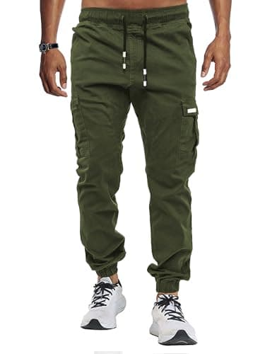 Image of KUNJLELP Mens Cargo Joggers Multi-Pocket Design Cotton Work Trousers for Casual Outdoor Hiking UK,Army Green 04,M