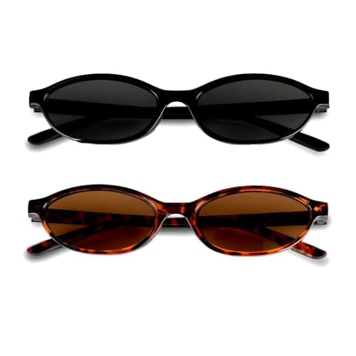 Image of BUTBU 2 Pack Retro Oval Sunglasses, Cat Eye Sunglasses for Women, Vintage 90s Trendy Sun Glasses, UV400 Protection for Driving, Outdoor, Beach, Party (Leopard, Balck)