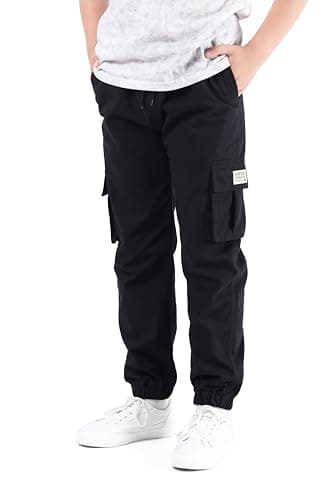 Image of NATUST Boys Cargo Trousers Kids Elastic Waist Joggers Multi Pockets Casual Pants Black 13-14 Years