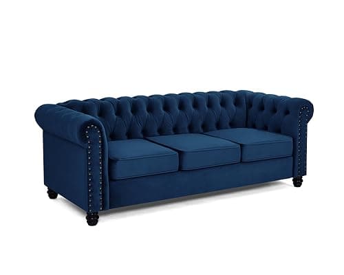 Image of Home Detail Chesterfield Sofa Velvet Upholstered Couch in 2 Seater or 3 Seater Fabric Sofa in Grey, Blue, Black, Green, Gold (3 Seater, Blue)