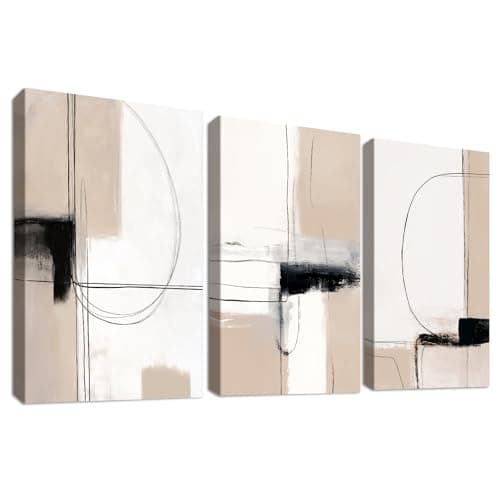 Image of 3 Pcs Wooden Framed Canvas Wall Art Set Geometric Lines Abstract Painting on Canvas Prints Khaki Beige Black Minimalist Pictures for Living Room Bedroom Hallway Stairs Wall Decor 30x40 cm x3pcs