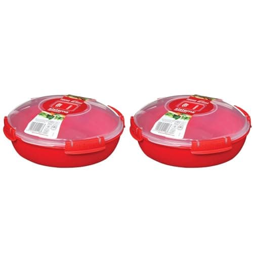 Image of Sistema Microwave Round Food Container/Cookware Bowl | 1.3 L Food Steamer | Red/Clear (Pack of 2)